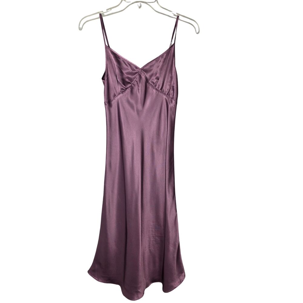 Vera Mauve Satin Lace-Up Back Midi Dress M Coquette Minimalist Slip Bridesmaid - Picture 2 of 11
